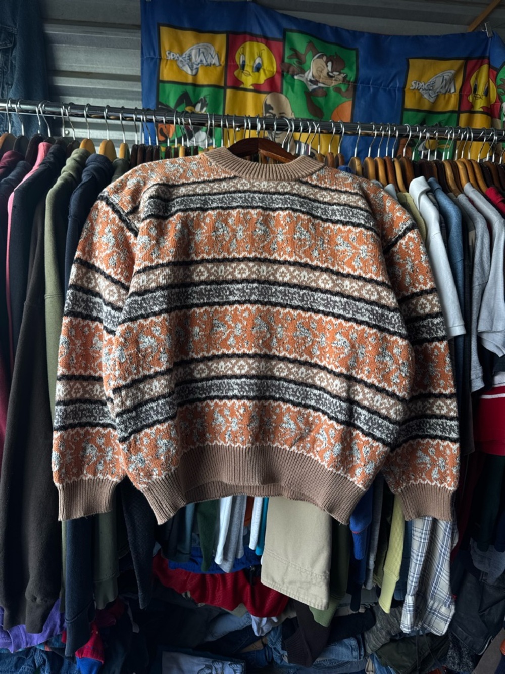 90s Men's Brown and Orange Patterned knit Crewneck Sweater